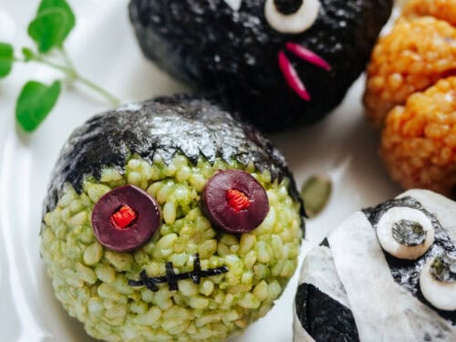 Halloween Frankenstein Onigiri with Matcha and Black Olive